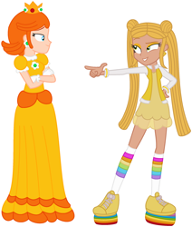 Size: 1978x2330 | Tagged: safe, artist:ravenwolf-bases, artist:user15432, imported from derpibooru, human, equestria girls, barely eqg related, base used, clothes, crossed arms, crossover, crown, dress, duo, ear piercing, earring, equestria girls style, equestria girls-ified, gloves, gown, hand on hip, jewelry, looking at each other, nintendo, piercing, pointing, princess daisy, rainbow high, rainbow socks, regalia, shoes, sneakers, socks, striped socks, sundress, sunny madison, super mario bros., sweater, yellow dress