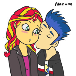 Size: 1024x1024 | Tagged: safe, artist:wrath-marionphauna, imported from derpibooru, flash sentry, sunset shimmer, equestria girls, blushing, cheek kiss, couple, female, flashimmer, kiss on the cheek, kissing, male, shipping, straight