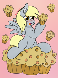 Size: 1300x1750 | Tagged: dead source, safe, artist:subleni, imported from derpibooru, derpy hooves, pegasus, pony, blushing, female, food, muffin, open mouth, simple background, solo, that pony sure does love muffins