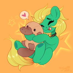 Size: 3000x3000 | Tagged: safe, artist:sugarstar, imported from derpibooru, oc, oc only, oc:professor sugarcube, earth pony, platypus, pony, abstract background, choker, cute, eyes closed, female, happy, heart, high res, open mouth, plushie, solo, underhoof