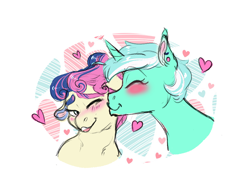 Size: 1200x900 | Tagged: safe, artist:miyathegoldenflower, imported from derpibooru, bon bon, lyra heartstrings, sweetie drops, earth pony, pony, unicorn, blushing, cute, duo, eyes closed, female, heart, kissing, lesbian, lyrabon, shipping