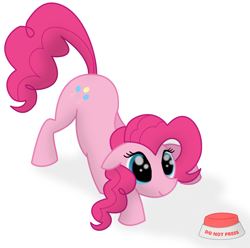 Size: 2000x1980 | Tagged: safe, artist:doodledonutart, artist:pony-thunder, imported from derpibooru, pinkie pie, earth pony, pony, atg 2021, big red button, button, female, impulsive, newbie artist training grounds, simple background, solo, white background