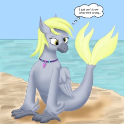 Size: 1200x1200 | Tagged: safe, artist:termyotter, imported from derpibooru, derpy hooves, hippogriff, hybrid, seapony (g4), atg 2021, beach, female, i just don't know what went wrong, implied transformation, jewelry, necklace, newbie artist training grounds, solo, species swap, water