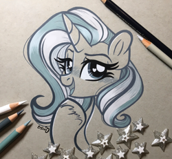 Size: 2819x2598 | Tagged: safe, artist:emberslament, imported from derpibooru, trixie, pony, unicorn, blushing, bust, colored pencil drawing, colored pencils, female, heart eyes, high res, irl, irl photo, looking at you, mare, monochrome, open mouth, open smile, photo, portrait, raised eyebrow, smiling, smiling at you, smug, solo, traditional art, wingding eyes