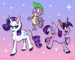 Size: 2805x2244 | Tagged: safe, artist:irkenmoonwalker, artist:the-irken-moonwalker, imported from derpibooru, rarity, spike, twilight sparkle, alicorn, dragon, pony, unicorn, abstract background, female, high res, leonine tail, male, trio, twilight sparkle (alicorn)