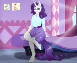 Size: 1600x1300 | Tagged: safe, artist:vera2002, imported from derpibooru, rarity, anthro, unguligrade anthro, unicorn, bed, clothes, female, looking at you, sitting, solo