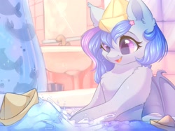 Size: 2732x2048 | Tagged: safe, artist:alphadesu, imported from derpibooru, oc, oc only, oc:astral flare, bat pony, pony, bath, bathroom, bathtub, commission, female, high res, paper boat, solo, water, ych result