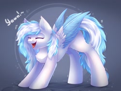 Size: 2732x2048 | Tagged: safe, artist:alphadesu, imported from derpibooru, oc, oc only, oc:contrail skies, pegasus, pony, abstract background, chest fluff, cute, female, fluffy, high res, mare, ocbetes, pegasus oc, solo, stretching, wings, yawn