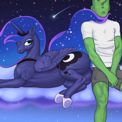 Size: 1250x1250 | Tagged: safe, artist:arareroll, imported from derpibooru, princess luna, oc, oc:anon, alicorn, human, pony, bedroom eyes, butt, clothes, cloud, crown, female, hoers, hoof shoes, human male, jewelry, lying down, male, mare, on side, peytral, plot, regalia, seduction, shirt, shooting star, shorts, sitting, stars, tail seduce, teaser, teasing