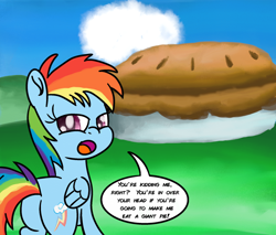 Size: 2000x1700 | Tagged: safe, artist:saburodaimando, imported from derpibooru, rainbow dash, pegasus, pony, atg 2021, female, filly, filly rainbow dash, food, newbie artist training grounds, open mouth, pie, speech bubble, younger