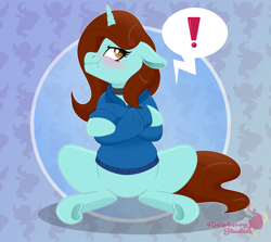 Size: 5556x4949 | Tagged: safe, artist:raspberrystudios, imported from derpibooru, oc, oc only, unicorn, blushing, clothes, commission, crossed arms, embarrassed, female, frown, gradient, grumpy, hoodie, hooves, horn, jewelry, mare, necklace, scrunchy face, speech bubble, unicorn oc