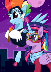 Size: 2480x3507 | Tagged: safe, artist:twidasher, imported from derpibooru, masked matter-horn, rainbow dash, twilight sparkle, zapp, alicorn, pegasus, pony, power ponies (episode), season 4, :p, city, cityscape, duo, duo female, female, food, high res, ice cream, ice cream cone, lesbian, magic, mare, moon, night, popsicle, power ponies, shipping, signature, smiling, telekinesis, tongue out, twidash, twilight sparkle (alicorn)