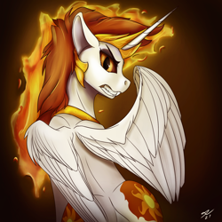 Size: 1950x1950 | Tagged: safe, artist:tenebrisnoctus, imported from derpibooru, daybreaker, alicorn, pony, female, fiery mane, fire, gritted teeth, growling, looking at you, looking back, mane of fire, solo