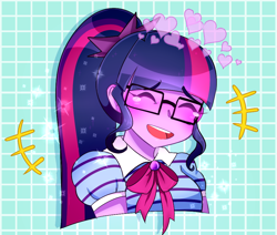 Size: 940x796 | Tagged: safe, artist:screebs, imported from derpibooru, sci-twi, twilight sparkle, equestria girls, abstract background, blushing, bust, clothes, crying, cute, eyebrows, eyebrows visible through hair, eyes closed, female, floating heart, glasses, heart, laughing, meganekko, open mouth, ponytail, school uniform, schoolgirl, solo, tears of laughter, twiabetes