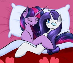 Size: 2000x1720 | Tagged: safe, artist:renarde-louve, imported from derpibooru, rarity, twilight sparkle, alicorn, pony, unicorn, atg 2021, bed, duo, eyes closed, female, lesbian, newbie artist training grounds, one eye closed, rarilight, shipping, sleeping, twilight sparkle (alicorn), wink