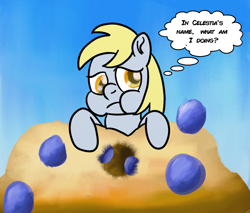 Size: 2000x1700 | Tagged: safe, artist:saburodaimando, imported from derpibooru, derpy hooves, pony, atg 2021, female, filly, food, muffin, newbie artist training grounds, that pony sure does love muffins, younger