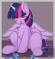 Size: 1624x1758 | Tagged: safe, artist:llametsul, imported from derpibooru, cookie crumbles, twilight sparkle, alicorn, pony, atg 2021, blushing, broken, broken jar, chest fluff, cookie, cookie crumbs, cookie jar, cute, daaaaaaaaaaaw, ear fluff, female, food, horn, mare, newbie artist training grounds, oops, sad, sadorable, signature, solo, sticker, twiabetes, twilight sparkle (alicorn), wings