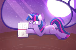 Size: 1024x683 | Tagged: safe, artist:nnaly, imported from derpibooru, twilight sparkle, pony, unicorn, book, female, golden oaks library, moon, night, solo, unicorn twilight, window