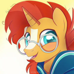 Size: 1024x1024 | Tagged: safe, artist:nnaly, imported from derpibooru, sunburst, pony, unicorn, blaze (coat marking), bust, cloak, clothes, coat markings, colored pupils, cute, facial markings, glasses, gradient background, happy, horn, looking at you, male, male solo, open mouth, open smile, portrait, smiling, solo, stallion, starry eyes, sunbetes, sunburst's cloak, sunburst's glasses, wingding eyes