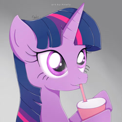 Size: 1024x1024 | Tagged: safe, artist:nnaly, imported from derpibooru, twilight sparkle, pony, drinking, female, gradient background, solo, straw