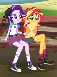 Size: 1024x1376 | Tagged: safe, artist:emeraldblast63, imported from derpibooru, starlight glimmer, sunset shimmer, human, equestria girls, legend of everfree, bench, boots, camp everfree outfits, clothes, converse, crossed legs, cyoa, denim shorts, duo, duo female, female, grass, happy, kite, outdoors, purple eyes, purple skin, raccoon hat, shirt, shoes, shorts, sitting, smiling, sneakers, t-shirt, turquoise eyes, two toned hair, watch, water, wristwatch, yellow skin