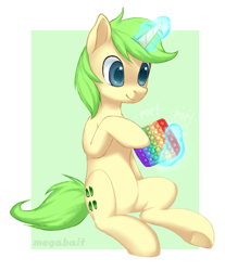 Size: 2657x3209 | Tagged: safe, artist:megabait, imported from derpibooru, oc, oc only, oc:markov, pony, unicorn, 4chan, green hair, high res, magic, pop it, sitting, text