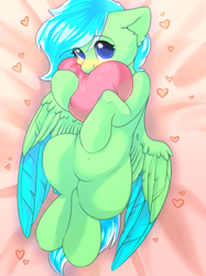 Size: 2048x2732 | Tagged: safe, artist:alphadesu, imported from derpibooru, oc, oc only, pegasus, pony, bed, blushing, heart, heart pillow, high res, lying down, on back, pillow, solo