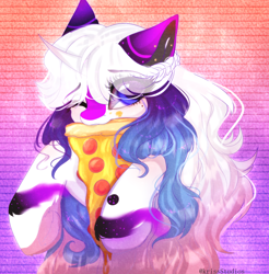 Size: 2856x2900 | Tagged: safe, artist:krissstudios, imported from derpibooru, oc, oc only, oc:sophia, pony, unicorn, female, food, high res, mare, mouth hold, pizza, solo