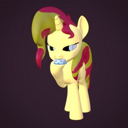 Size: 4000x4000 | Tagged: safe, artist:wissle, imported from derpibooru, sunset shimmer, pony, unicorn, 3d, absurd resolution, atg 2021, blender, cake, eating, female, food, mare, newbie artist training grounds, raised leg, simple background, solo