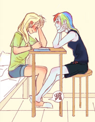 Size: 500x639 | Tagged: artist needed, source needed, safe, artist:xingxing, imported from derpibooru, applejack, rainbow dash, equestria girls, appledash, barefoot, blushing, clothes, feet, female, foot fetish, footsie, lesbian, shipping, slippers