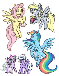 Size: 1150x1474 | Tagged: safe, artist:king-kakapo, imported from derpibooru, cloudchaser, derpy hooves, flitter, fluttershy, rainbow dash, pegasus, pony, female, flying, looking at you, mare, open mouth, present, ribbon, sketch, smiling, spread wings, unshorn fetlocks, wings