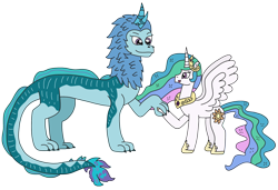 Size: 3177x2168 | Tagged: safe, artist:supahdonarudo, imported from derpibooru, princess celestia, alicorn, dragon, eastern dragon, pony, crossover, disney, dragoness, duo, duo female, female, high res, mare, raya and the last dragon, simple background, sisu, transparent background