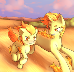 Size: 3569x3451 | Tagged: safe, artist:aquoquoo, imported from derpibooru, earth pony, poképony, pony, ponyta, rapidash, unicorn, colt, duo, high res, male, pokémon, ponified, stallion