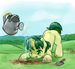 Size: 3408x3169 | Tagged: safe, artist:aquoquoo, imported from derpibooru, green sprout, pony, unicorn, :p, colt, high res, magic, male, solo, tongue out, trowel, watering can