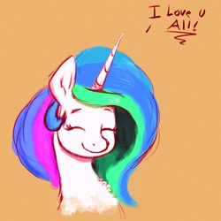 Size: 1679x1679 | Tagged: safe, artist:dummyhorse, artist:phutashi, imported from derpibooru, princess celestia, alicorn, pony, atg 2021, bust, chest fluff, cute, cutelestia, dialogue, eyes closed, female, i love you, mare, newbie artist training grounds, orange background, portrait, simple background, smiling, solo, three quarter view