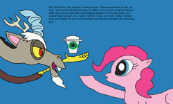 Size: 2000x1200 | Tagged: safe, artist:blazewing, imported from derpibooru, discord, pinkie pie, draconequus, earth pony, atg 2021, chaos star, coffee cup, colored background, cup, drawpile, magic, newbie artist training grounds, reaching, reaching out, styrofoam cup, telekinesis, text, this will not end well