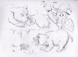 Size: 1400x1034 | Tagged: safe, artist:nedemai, imported from derpibooru, trixie, bear, pony, unicorn, ursa, ursa minor, atg 2021, boop, female, grayscale, mare, monochrome, newbie artist training grounds, running away, screaming, traditional art