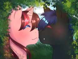 Size: 2048x1536 | Tagged: safe, artist:luckyxlynn, imported from derpibooru, oc, oc only, oc:hotwing, oc:rose tint, bat pony, pony, unicorn, bat pony oc, bat wings, blushing, eyes closed, horn, oc x oc, shipping, smiling, unicorn oc, wings