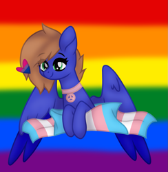 Size: 1095x1123 | Tagged: safe, artist:froyo15sugarblast, artist:nocturnal-moonlight, imported from derpibooru, oc, oc only, oc:airin sparkle, original species, pegasus, pony, base used, bisexual, bisexual pride flag, collar, eye clipping through hair, female, gay pride flag, mercedes symbol mistaken for peace sign, peace sign, pride, pride flag, solo, tomboy, trans female, transgender, transgender pride flag, two toned wings, winged lion pegasus, wings