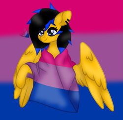 Size: 1045x1014 | Tagged: safe, artist:froyo15sugarblast, artist:nocturnal-moonlight, imported from derpibooru, oc, oc:rainy day (rainy), pegasus, pony, base used, bisexual, bisexual pride flag, blanket, ear piercing, eye clipping through hair, female, heart, piercing, pride, pride flag