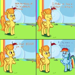 Size: 2000x2000 | Tagged: safe, artist:dummyhorse, artist:phutashi, imported from derpibooru, rainbow dash, spitfire, pegasus, pony, 4 panel comic, atg 2021, comic, dialogue, doing time, duo, duo female, female, folded wings, high res, hoof on chest, introduction, looking at each other, mare, mrs. puff, newbie artist training grounds, open mouth, outdoors, raised hoof, reference, smiling, spongebob reference, spongebob squarepants, standing, three quarter view, wings, wonderbolts headquarters