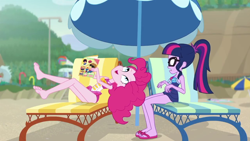 Size: 1280x720 | Tagged: safe, imported from derpibooru, screencap, pinkie pie, sci-twi, twilight sparkle, equestria girls, equestria girls series, friendship math, barefoot, beach, clothes, duo, duo female, feet, female, frown, one-piece swimsuit, open mouth, open smile, pinkie pie swimsuit, sleeveless, smiling, soles, swimsuit