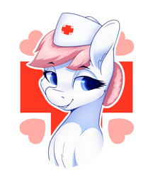 Size: 1494x1732 | Tagged: safe, artist:aquaticvibes, imported from derpibooru, nurse redheart, earth pony, pony, bust, chest fluff, cutie mark background, female, hat, looking at you, mare, nurse hat, outline, portrait, smiling, solo, three quarter view, white outline