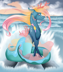 Size: 2900x3300 | Tagged: safe, artist:elena-naqua, imported from derpibooru, oc, oc only, merpony, seapony (g4), clothes, cloud, coral, dorsal fin, female, fins, flowing mane, high res, looking at you, ocean, pink eyes, see-through, sky, smiling, smiling at you, solo, water