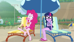 Size: 1280x720 | Tagged: safe, imported from derpibooru, screencap, feather bangs, pinkie pie, sci-twi, twilight sparkle, equestria girls, equestria girls series, friendship math, barefoot, beach, clothes, duo, duo female, feet, female, frown, one-piece swimsuit, open mouth, pinkie pie swimsuit, sandals, sleeveless, swimsuit, thinking