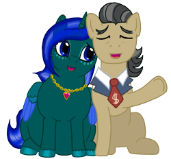 Size: 1200x1113 | Tagged: safe, artist:soobel, imported from derpibooru, filthy rich, oc, oc:dusklight blossom, alicorn, earth pony, alicorn oc, atg 2021, bowtie, eyes closed, fat, female, horn, jewelry, male, mare, necklace, newbie artist training grounds, open mouth, stallion, wings