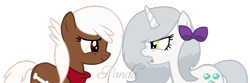 Size: 1169x389 | Tagged: safe, artist:alari1234, artist:ipandacakes, imported from derpibooru, opalescence, winona, earth pony, pony, unicorn, angry, bandana, bow, female, frown, looking at each other, mare, open mouth, ponified, ponified pony pets, scrunchy face, simple background, smiling, species swap, transparent background, vector, watermark