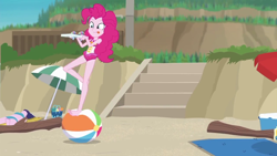 Size: 1280x720 | Tagged: safe, imported from derpibooru, screencap, pinkie pie, equestria girls, equestria girls series, too hot to handle, background human, barefoot, beach, beach ball, clothes, feet, female, one-piece swimsuit, pinkie pie swimsuit, sleeveless, smiling, snowcone, solo focus, swimsuit, tongue out, unnamed character, unnamed human