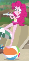 Size: 320x660 | Tagged: safe, imported from derpibooru, screencap, pinkie pie, human, equestria girls, equestria girls series, too hot to handle, barefoot, beach ball, clothes, cropped, feet, one-piece swimsuit, pinkie pie swimsuit, sand, sleeveless, smiling, snowcone, solo, standing, standing on one leg, swimsuit, tongue out