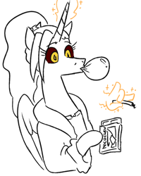 Size: 708x887 | Tagged: safe, artist:jargon scott, imported from derpibooru, oc, oc only, oc:dyx, alicorn, pony, alicorn oc, bathrobe, bubblegum, bust, cigarette, clothes, female, food, gum, hand, horn, magic, magic hands, mare, monochrome, neo noir, nicotine gum, partial color, robe, simple background, solo, white background, wings